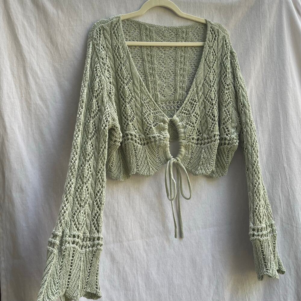 CIDER 2XL Sage Green Crochet Knit Tie Front Cropped Cardigan Boho Bell Sleeve